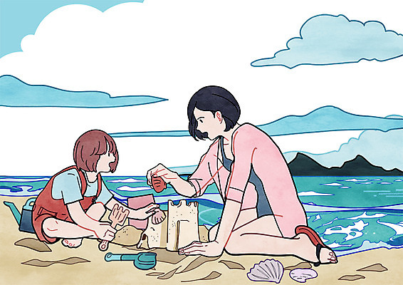 전신 PSD 구름 여자 딸 어린이 바다 여행 일러스트 가족 엄마 조개 산 앉기 성인 두명 모래사장 삽 모래성 국내일러스트 자연요소 모래 관계 모션 어패류 사람 파일형식