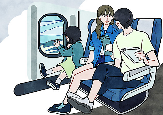 전신 PSD 여자 남자 딸 어린이 해외여행 여행 의자 일러스트 창문 가족 엄마 비행기 앉기 성인 세명 아빠 기내 국내일러스트 해외 가구 관계 항공교통 모션 대중교통 사람 공공장소 파일형식