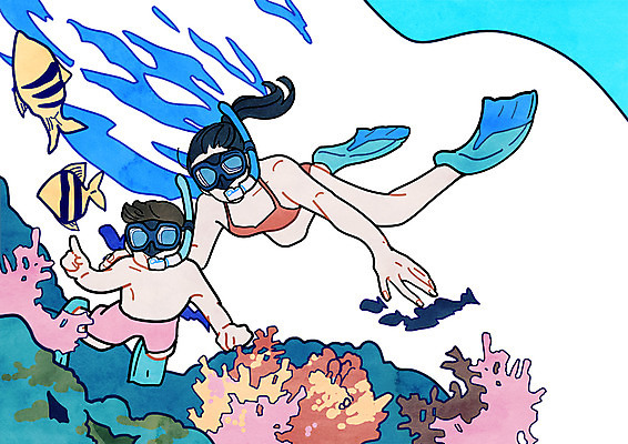 전신 PSD 여자 남자 아들 물결 어린이 바다 여행 일러스트 가족 엄마 어류 성인 두명 바닷속 스노클링 산호 국내일러스트 관계 사람 수중 수중동물 수상스포츠 자포동물 파일형식