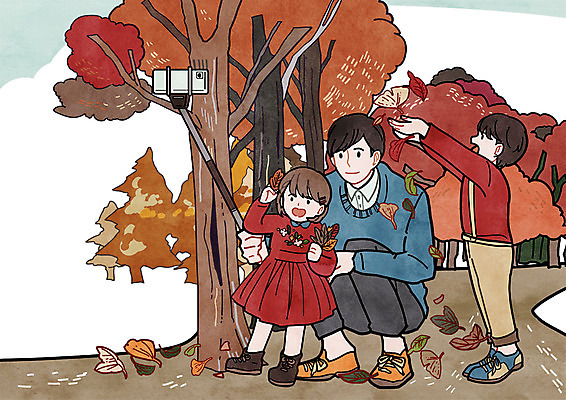 전신 PSD 나무 여자 남자 딸 아들 어린이 여행 단풍 낙엽 일러스트 가족 서기 앉기 성인 세명 아빠 셀프카메라 셀카봉 국내일러스트 식물 잎 관계 모션 사람 사진촬영 파일형식