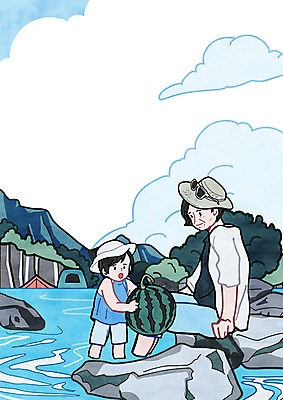 PSD 구름 여자 노년 할머니 어린이 여행 일러스트 가족 손녀 산 수박 텐트 상반신 두명 계곡 절벽 바위 국내일러스트 자연요소 과일 관계 캠핑도구 사람 성인 돌_바위 손주 파일형식