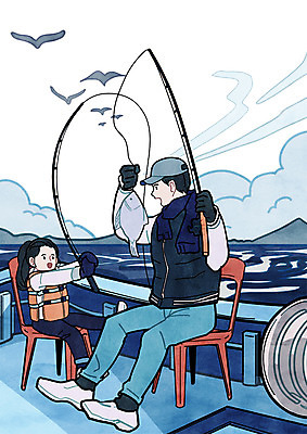 전신 PSD 구름 여자 남자 딸 어린이 바다 여행 일러스트 가족 갈매기 낚시 어류 앉기 성인 두명 아빠 선상 선박 국내일러스트 자연요소 수상교통 관계 모션 조류 레저 사람 수중동물 파일형식