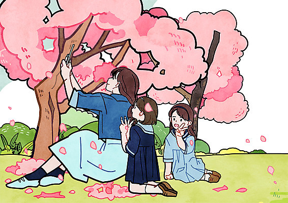 전신 PSD 여자 딸 여행 일러스트 가족 엄마 들기 앉기 초원 성인 세명 스마트폰 사진촬영 벚꽃 셀프카메라 벚꽃축제 국내일러스트 꽃 관계 모션 사람 핸드폰 스마트기기 촬영 축제 꽃축제 파일형식