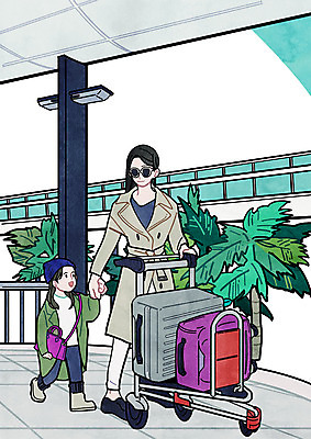 전신 PSD 여자 딸 여행 일러스트 가족 엄마 서기 성인 두명 야자수 캐리어 공항 국내일러스트 나무 관계 교통시설 모션 사람 여행가방 파일형식