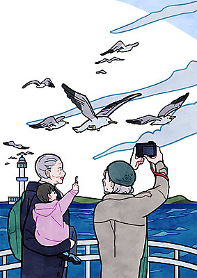 PSD 구름 여자 할아버지 노년 남자 할머니 어린이 바다 여행 겨울 일러스트 가족 안기 갈매기 하늘 손자 등대 세명 사진촬영 선상 선박 국내일러스트 자연요소 계절 수상교통 관계 모션 조류 사람 성인 촬영 손주 파일형식