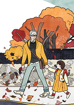 전신 PSD 나무 여자 할아버지 노년 남자 여행 단풍 낙엽 일러스트 가족 나뭇잎 손녀 돌담 두명 손잡기 돌담길 국내일러스트 식물 길 잎 관계 모션 사람 성인 담장 돌_바위 손주 파일형식