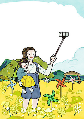 전신 PSD 나무 구름 여자 딸 어린이 여행 꽃밭 일러스트 가족 안기 엄마 산 서기 들기 상반신 성인 두명 사진촬영 바람개비 유채 원두막 셀카봉 국내일러스트 자연요소 식물 꽃 관계 모션 사람 촬영 파일형식