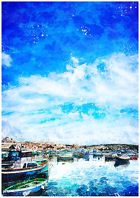 PSD 구름 바다 백그라운드 일러스트 하늘 수채화 풍경 사람없음 건물 항구 감성 선박 국내일러스트 자연요소 건축물 컨셉 수상교통 교통시설 파일형식