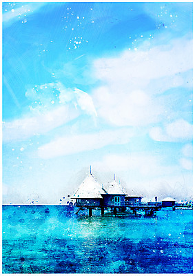 PSD 구름 바다 백그라운드 일러스트 하늘 리조트 수채화 풍경 사람없음 휴양지 수상가옥 감성 국내일러스트 자연요소 컨셉 주택 장소 파일형식