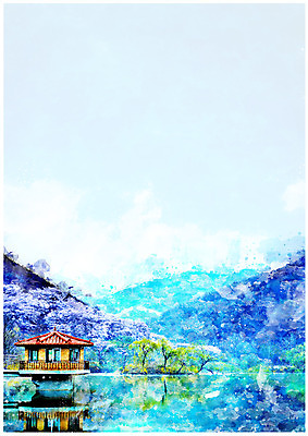 PSD 나무 건축물 호수 백그라운드 일러스트 수채화 산 풍경 사람없음 휴양지 감성 국내일러스트 식물 건축 컨셉 장소 파일형식