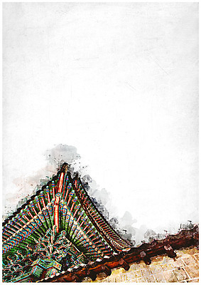 PSD 한국전통 백그라운드 고건축 일러스트 하늘 지붕 수채화 풍경 사람없음 감성 국내일러스트 전통 건축물 컨셉 한국 파일형식