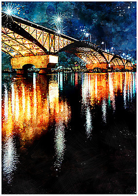 PSD 백그라운드 일러스트 조명 수채화 한국 풍경 사람없음 반사 야간 한강 감성 한강다리 가교 국내일러스트 자연요소 건축물 아시아 컨셉 서울 다리_건축물 랜드마크 파일형식