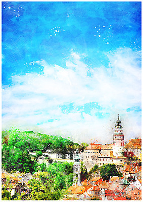 PSD 나무 구름 해외풍경 유럽 백그라운드 일러스트 하늘 수채화 풍경 사람없음 감성 국내일러스트 자연요소 식물 해외 나라 컨셉 파일형식