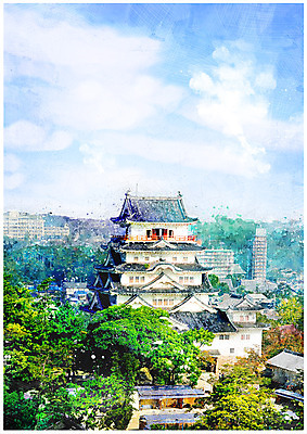 PSD 나무 구름 백그라운드 일러스트 하늘 수채화 풍경 사람없음 일본 감성 일본건축 신사_일본건축 국내일러스트 자연요소 식물 아시아 컨셉 동양건축 파일형식