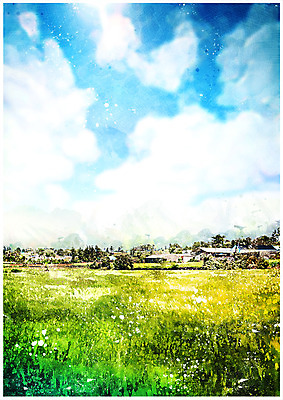 PSD 구름 백그라운드 밭 일러스트 하늘 수채화 풍경 사람없음 시골 감성 국내일러스트 자연요소 컨셉 농업 파일형식
