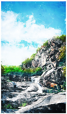 PSD 구름 백그라운드 일러스트 하늘 수채화 산 풍경 사람없음 계곡 감성 국내일러스트 자연요소 컨셉 파일형식