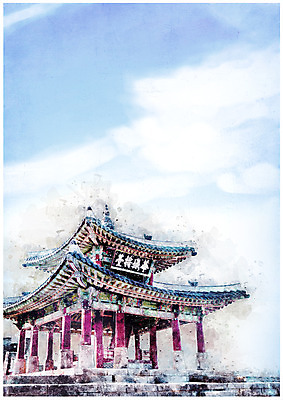 PSD 구름 한국전통 백그라운드 고건축 일러스트 하늘 수채화 풍경 사람없음 세계문화유산 감성 기와지붕 수원 화성시 국내일러스트 자연요소 전통 건축물 컨셉 지붕 한국 기와 문화재 경기도 파일형식