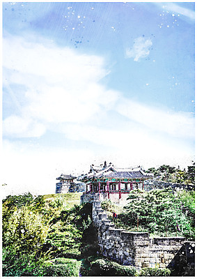 PSD 나무 구름 한국전통 백그라운드 고건축 일러스트 하늘 수채화 풍경 사람없음 감성 국내일러스트 자연요소 식물 전통 건축물 컨셉 한국 파일형식