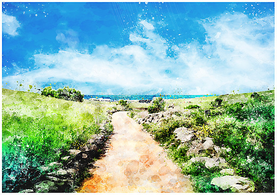 PSD 구름 길 바다 백그라운드 일러스트 자연 하늘 수채화 풍경 사람없음 감성 국내일러스트 자연요소 컨셉 생태계 파일형식