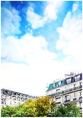 PSD 나무 구름 백그라운드 일러스트 하늘 수채화 풍경 사람없음 건물 감성 국내일러스트 자연요소 식물 건축물 컨셉 파일형식