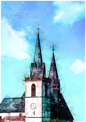 PSD 구름 백그라운드 일러스트 하늘 수채화 풍경 사람없음 성당 감성 국내일러스트 자연요소 컨셉 종교건축 파일형식