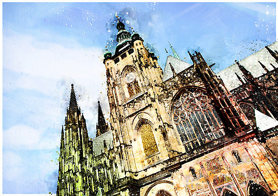 PSD 유럽 백그라운드 일러스트 수채화 풍경 사람없음 성당 감성 체코 프라하 비투스성당 국내일러스트 나라 컨셉 종교건축 파일형식