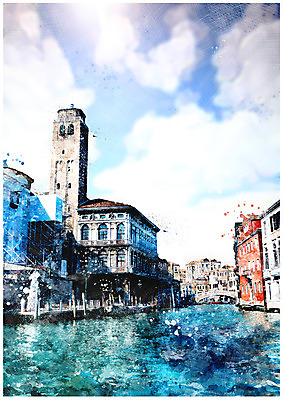 PSD 구름 해외풍경 해외 백그라운드 일러스트 하늘 수채화 풍경 사람없음 건물 강 감성 국내일러스트 자연요소 건축물 컨셉 파일형식