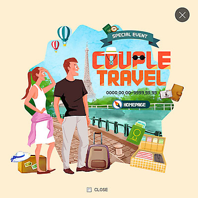 PSD 템플릿 커플 여자 남자 리본 여행 웹템플릿 팝업 웹팝업 성인 두명 카메라 캐리어 여행가방 프랑스 열기구 에펠탑 여권 레이어팝업 이미지템플릿 유럽 가방 관계 항공교통 사람 전자제품 파리 랜드마크 파일형식