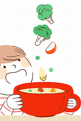 PSD 남자 어린이 음식 채소 일러스트 재료 한명 서기 들기 상반신 식사 수프 브로콜리 급식 소년만 국내일러스트 1 모션 사람 남자만 어린이만 파일형식