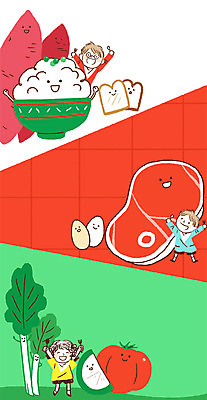 전신 PSD 여자 남자 어린이 음식 토마토 채소 일러스트 밥 육류 서기 상반신 세명 계란 식빵 고구마 파 급식 어린이만 국내일러스트 빵 식재료 모션 뿌리채소 사람 알 파일형식