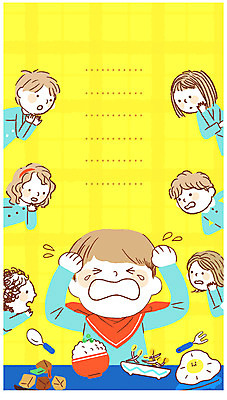 PSD 응시 여자 남자 어린이 음식 일러스트 밥 반찬 프레임 수저 앉기 여러명 상반신 식사 울음 계란프라이 급식 반찬투정 편식 프레임일러스트 어린이만 국내일러스트 식기 시선 다수 모션 표정 사람 계란요리 식생활 파일형식