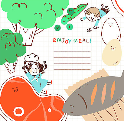 전신 PSD 여자 남자 어린이 일러스트 식재료 프레임 육류 어류 두명 계란 식사 브로콜리 완두콩 급식 프레임일러스트 어린이만 국내일러스트 채소 콩 사람 알 수중동물 파일형식