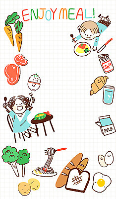전신 PSD 여자 남자 어린이 음식 빵 일러스트 식탁 감자 스파게티 육류 두명 계란 식사 당근 우유 계란프라이 잼 크루아상 급식 어린이만 국내일러스트 채소 식재료 탁자 유제품 뿌리채소 파스타 사람 알 소스_음식 계란요리 파일형식