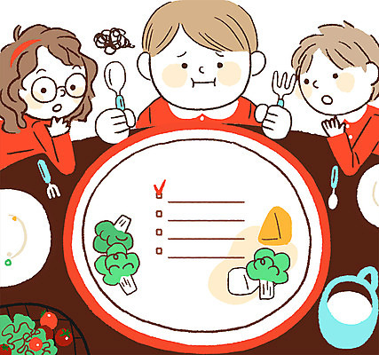 PSD 접시 여자 남자 어린이 음식 채소 일러스트 식탁 앉기 상반신 컵 세명 식사 당근 브로콜리 급식 편식 국내일러스트 식기 모션 탁자 뿌리채소 사람 식생활 파일형식