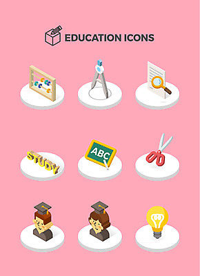 아이콘 학생 영어 교육 학사모 전구 졸업 돋보기 아이디어 가위 사람없음 스터디 칠판 주판 입체 컴파스 아이소메트릭 2D아이콘 AI파일 문자 모자_잡화 컨셉 문구용품 학습 계산기 파일형식 벡터