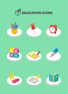 아이콘 교육 종이 시계 색연필 사람없음 책 연필 공책 기록 수학 압정 입체 연필꽂이 클립 펜촉 아이소메트릭 2D아이콘 AI파일 교과목 문구용품 학용품 필기구 펜 사무용품 파일형식 벡터