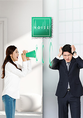 PSD 편집 편집이미지 여자 남자 스트레스 상반신 20대 성인 두명 눈감음 확성기 외침 한국인 비즈니스맨 찡그림 두통 소음 성인만 이미지편집 비즈니스 모션 표정 사람 동양인 청년 소리 직장인 질병 파일형식