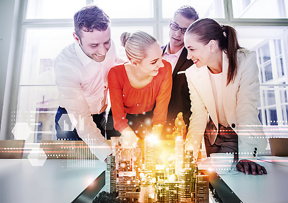 PSD 서양인 편집 편집이미지 여자 남자 비즈니스 회의 웃음 빌딩 여러명 상반신 20대 성인 디지털 비즈니스맨 비즈니스우먼 스마트 홀로그램 성인만 이미지편집 외국인 다수 컨셉 표정 사람 청년 건물 직장인 파일형식