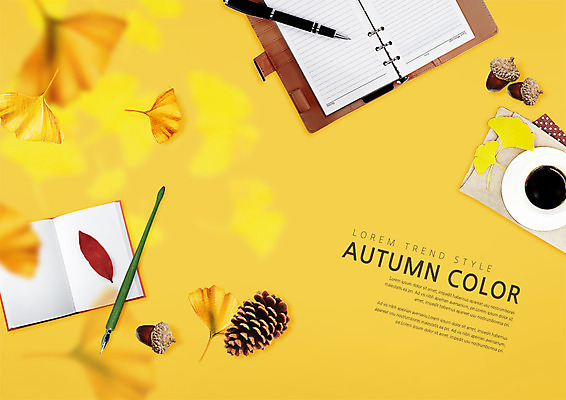 PSD 편집 편집이미지 커피 사람없음 책 펜 만년필 다이어리 가을 커피잔 천 은행잎 도토리 솔방울 이미지편집 계절 음료 잎 잔 필기구 사무용품 견과류 직물 파일형식