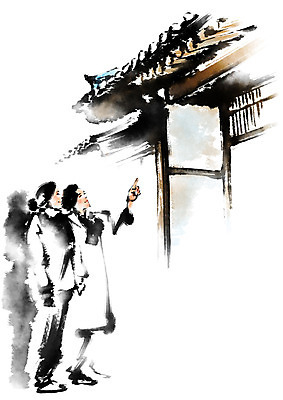 전신 PSD 한국문화 한국전통 여자 전통문화 일러스트 캘리그라피 한옥 기와집 서기 성인 두명 친구 가리킴 전통체험 국내일러스트 동양문화 전통 문화 고건축 관계 모션 한국 사람 손짓 체험 파일형식