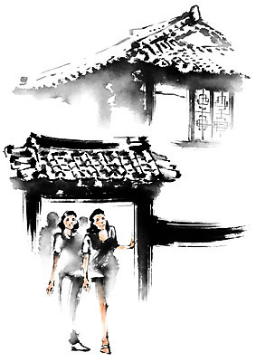 전신 PSD 한국문화 한국전통 여자 전통문화 일러스트 캘리그라피 한옥 기와집 서기 성인 두명 전통체험 국내일러스트 동양문화 전통 문화 고건축 모션 한국 사람 체험 파일형식