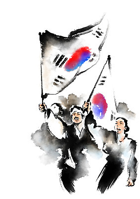 PSD 여자 남자 일러스트 캘리그라피 상반신 성인 두명 한국사 태극기 한복 삼일절 애국심 광복절 독립운동 독립운동가 국내일러스트 한국전통 사람 공휴일 역사 국기 전통의상 국경일 파일형식