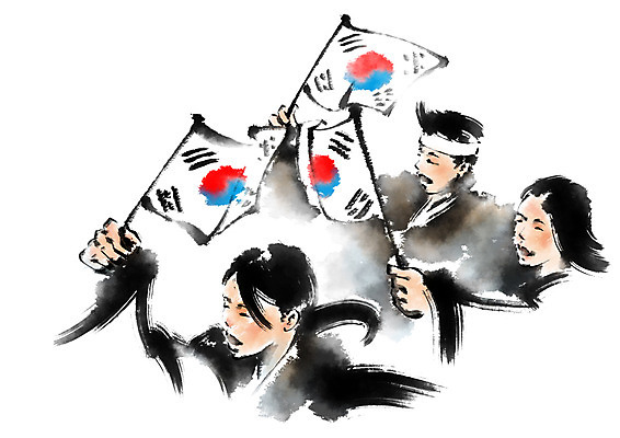 PSD 여자 남자 일러스트 캘리그라피 상반신 성인 세명 한국사 태극기 한복 삼일절 애국심 광복절 독립운동 독립운동가 국내일러스트 한국전통 사람 공휴일 역사 국기 전통의상 국경일 파일형식