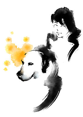 PSD 한마리 여자 일러스트 캘리그라피 붓터치 한명 성인 개 반려 국내일러스트 1 포유류 사람 파일형식