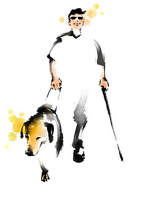 PSD 한마리 남자 일러스트 캘리그라피 지팡이 한명 성인 선글라스 개 장애인 목줄 반려 시각장애인 안내견 국내일러스트 1 안경 포유류 사람 장애 파일형식 반려용품