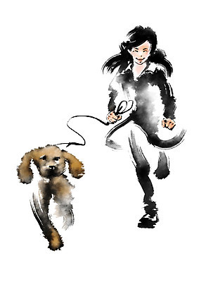 PSD 한마리 여자 일러스트 캘리그라피 한명 달리기 개 목줄 반려 국내일러스트 1 포유류 모션 사람 파일형식 반려용품