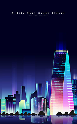 백그라운드 야경 일러스트 빌딩 사람없음 건물 빛 강 도시풍경 반사 도시 화려 네온 그라데이션 도시백그라운드 국내일러스트 AI파일 건축물 컨셉 풍경 야간 파일형식 벡터 풍경_경치