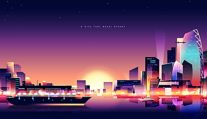 백그라운드 야경 일러스트 빌딩 사람없음 건물 강 도시풍경 반사 노을 일몰 도시 유람선 크루즈 네온 그라데이션 도시백그라운드 선박 국내일러스트 AI파일 자연요소 건축물 수상교통 배_교통 풍경 야간 파일형식 벡터 풍경_경치