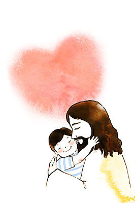 PSD 남자 기독교 종교 어린이 일러스트 안기 수채화 사랑 상반신 성인 두명 하트 예수 번짐 국내일러스트 모양 감정 모션 사람 신_종교 파일형식 효과