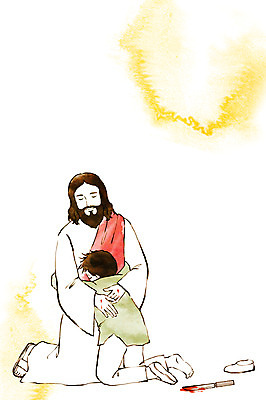 전신 PSD 남자 기독교 종교 어린이 신발 일러스트 안기 수채화 성인 두명 예수 칼 번짐 용서 죄인 국내일러스트 컨셉 모션 사람 신_종교 파일형식 효과